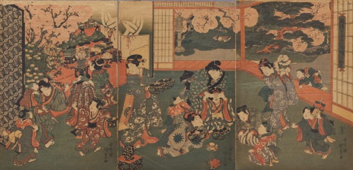 天保年間 (1830-44)町家の雛飾りの様子 (「風流古今十二月内 弥生」香蝶楼国貞 / 三代歌川豊国画)